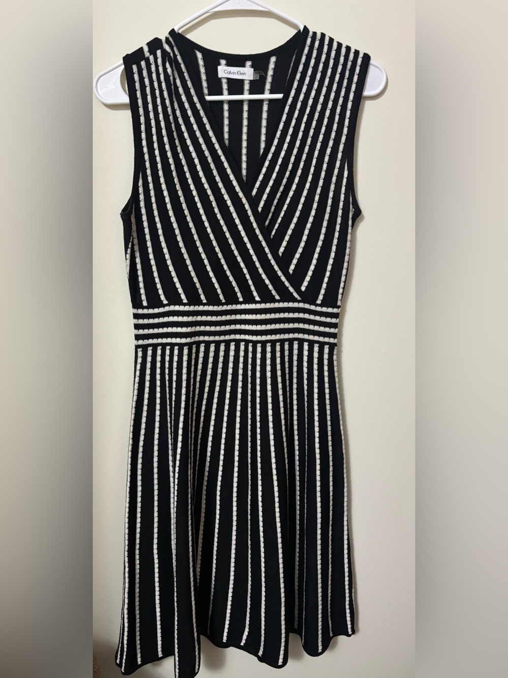 Calvin Klein Black and White Striped V-Neck Midi Dress